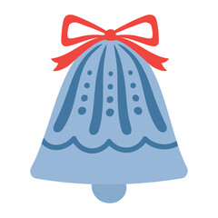 Blue bell with red bow. Christmas decoration. Template for winter festive design.