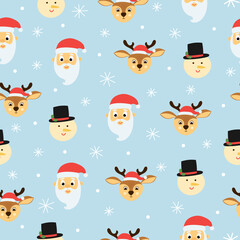 Seamless pattern of cute deer, snowman and santa claus on blue background. Background for Christmas design. 
