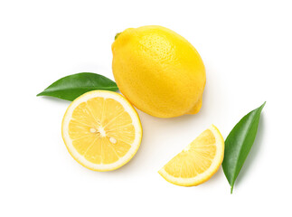Flat lay (top view) of lemon with sliced and green leaf isolated on white background.