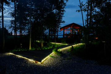 Night lights at the glamping in the forest