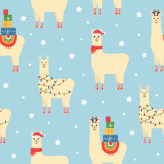 Christmas seamless pattern with cute llama. Cartoon alpaca with accessories on blue background.