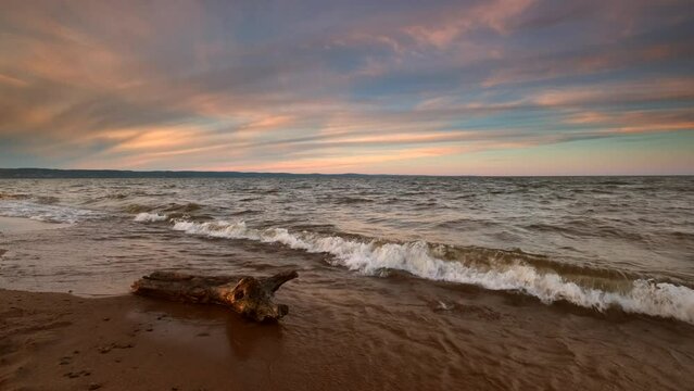 Waves rolling in on the shore of Lake Superior in Duluth, Minnesota. 