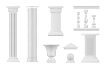 Antique architectural elements white columns set realistic vector classical marble pillars - obrazy, fototapety, plakaty