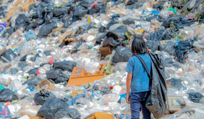 Poor children collecting garbage for sale Concept of pollution and Environment recycling old waste...