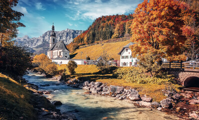 Stunning nature landscape. Incredible autumn scenery. View on Alpine highlands with rocky mount,...