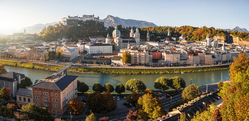 Incredible view on Salzburg cityscape at sunny day. Salzburg is a popular travel and hiking...