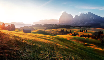 Incredible Nature Landscape. Awesome Dolomites Alps during sunrise. Fairytale green alpine plateau Seiser Alm (Alpe di Siusi) with Langkofel mountain at sunrise, Italy. Popular travel destination.