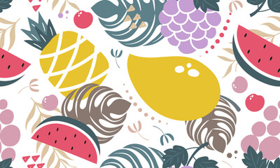 seamless pattern fruits, Pineapple, Watermelon, Mango, Mulberry, Grape, Cherry and leaf on white background. 