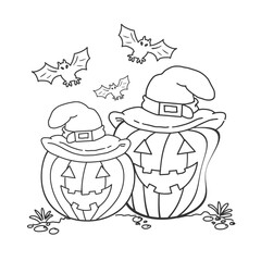 Coloring page. Black and white illustration with scary pumpkin in witch hat and bats on transperent backgound.