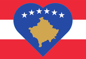 Flag of Kosovo in the form of a heart on the flag of Austria. Allied support for Kosovo. Flat double flag - illustration.