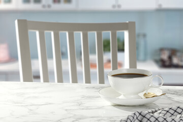 Desk of free space and cup of coffee 