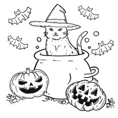 Halloween cat in a witch hat sitting among halloween pumpkin. Black and white illustration for coloring book good for kid or adult who love art. it's on white backgound.