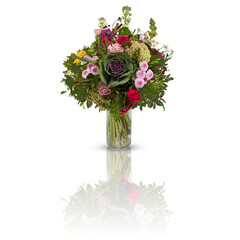 Bouquet of different varieties in a glass vase with cut out isolated on background transparent