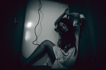 Portrait of asian woman make up ghost,Scary horror scene for background,Halloween festival...