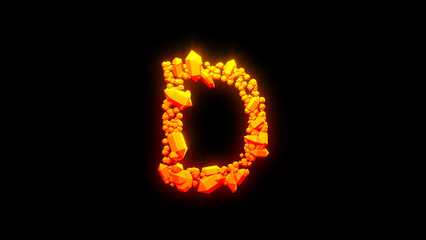 cute burning stones letter D - burning hot orange - red character, isolated - object 3D illustration
