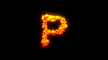 nice fire rocks letter P - burning hot orange - red character, isolated - object 3D rendering
