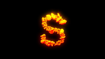 beautiful fire stones letter S - burning hot orange - red character, isolated - object 3D illustration