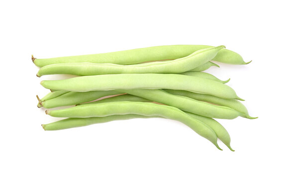 Bunch of raw bush beans, green beans on white background.