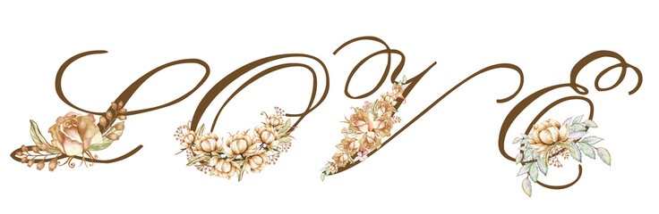 Watercolor brown alphabet with ?boho flowers of beige peach roses and leaves. Monogram initials are perfect for a wedding invitation, greeting card, logo, poster. Festive hand-painted decorations 