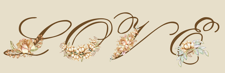Watercolor brown alphabet with ?boho flowers of beige peach roses and leaves. Monogram initials are perfect for a wedding invitation, greeting card, logo, poster. Festive hand-painted decorations 