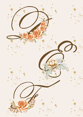 Watercolor brown alphabet with ?boho flowers of beige peach roses and leaves. Monogram initials are perfect for a wedding invitation, greeting card, logo, poster. Festive hand-painted decorations 