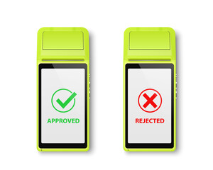 Vector 3d NFC Payment Machine, Approved and Rejected Status. Wi-fi, Wireless Payment. POS Terminal, Machine Design Template of Bank Payment Contactless Terminal, Mockup. Top VIew