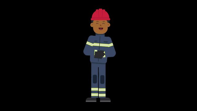 Black male firefighter is laughing holding his belly with his hands