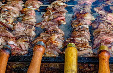 Cag Kebap, Traditional Turkish Kebap being prepared by chef. Slicing kebab to serve. stock photo