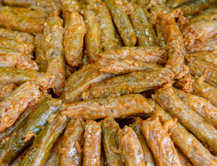 Traditional Gourmet Stuffed Cabbage Rolls in pan on table stock photo