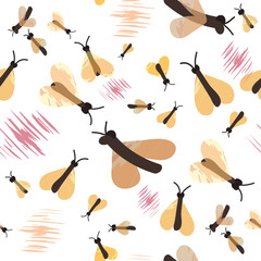 Seamless pattern with cute childish moths and strokes on white Flat cartoon style with watercolor texture Vector illustration for wrapping paper, textile, nursery decoration