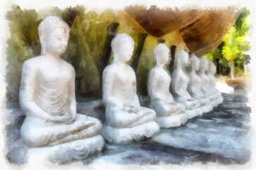 Landscape of rows of white Buddha statues watercolor style illustration impressionist painting.