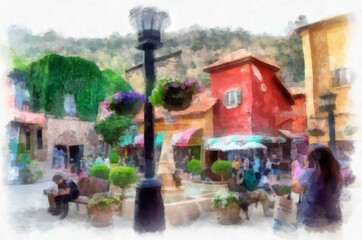 Obraz premium Ancient italian village architecture building watercolor style illustration impressionist painting.