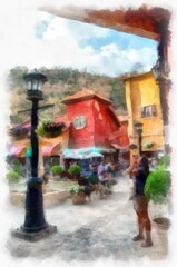 Ancient italian village architecture building watercolor style illustration impressionist painting.