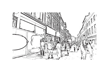 Obraz premium Building view with landmark of Nottingham is a city in central England. Hand drawn sketch illustration in vector.