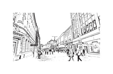 Building view with landmark of Nottingham is a city in central England. Hand drawn sketch illustration in vector.