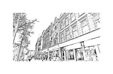 Building view with landmark of Nottingham is a city in central England. Hand drawn sketch illustration in vector.