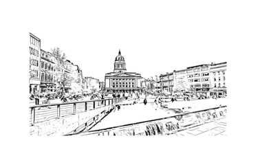 Obraz premium Building view with landmark of Nottingham is a city in central England. Hand drawn sketch illustration in vector.