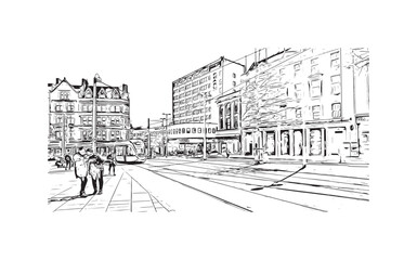 Building view with landmark of Nottingham is a city in central England. Hand drawn sketch illustration in vector.