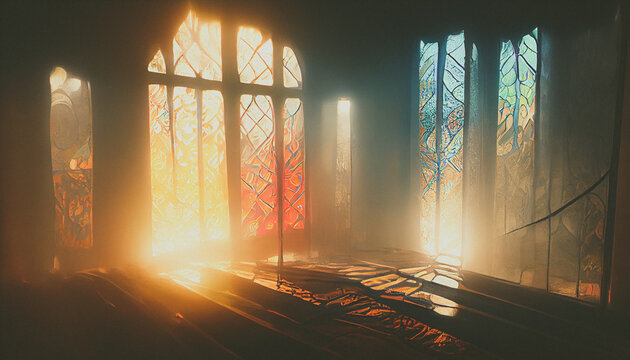 Rainbow Light swing through a stained glass window church. Digital art background.