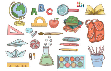 back to school subjects lessons study backpack books globe illustration hand drawn set isolated on white background