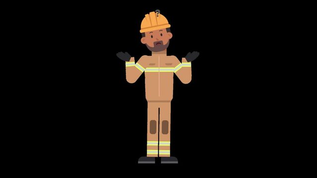 Indian male firefighter is being confused, confronted with a dilemma and looking for a solution. His arms are lifted to the side with question marks appearing