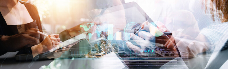 Business team finance or bookkeeper working with a calculator to calculate business data summary...