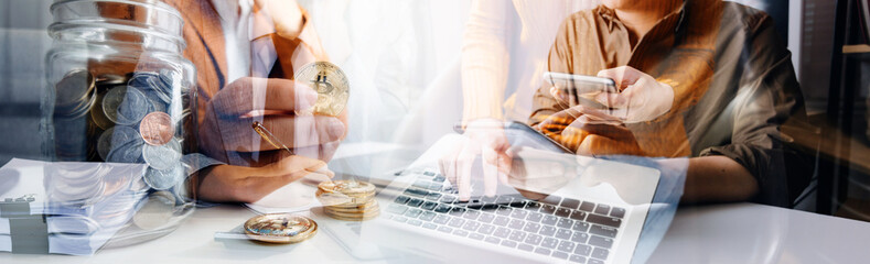 Business team finance or bookkeeper working with a calculator to calculate business data summary report, accountancy document and laptop computer at the office, business meeting concept