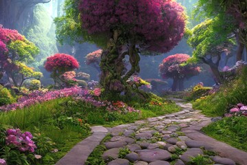 Stone path in a fantasy mystic forest. Soft light, mysterious haze. Fairytale wallpaper. 3D illustration.