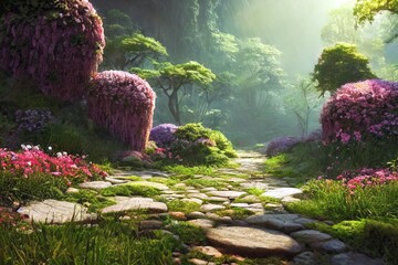 Stone path in a fantasy mystic forest. Soft light, mysterious haze. Fairytale wallpaper. 3D illustration.