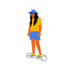 Woman riding hoverboard. Female cartoon character on self-balancing board, girl outdoor flat style. Vector illustration