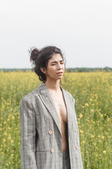 An Asian model poses in a field of yellow flowers for a clothing brand, polyethylene is the main...