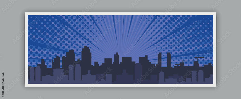 Wall mural night cityscape comic background with dark city blue radial rays and halftone effects. vector illust