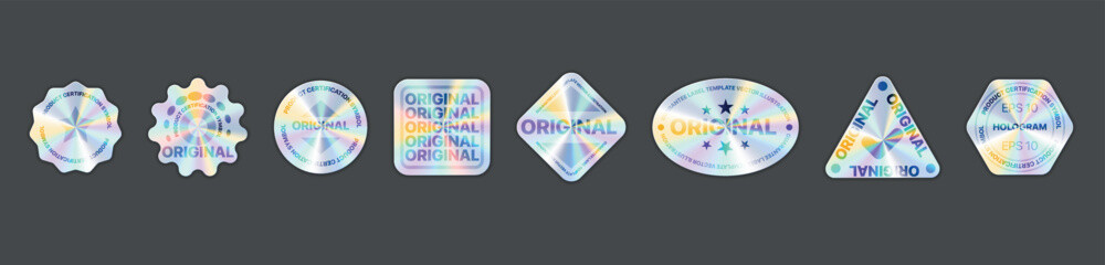 Fototapeta Wrinkled holographic stickers, rainbow hologram foil labels. Shiny iridescent tags with curved edges, guarantee seal emblem vector set. Illustration of realistic holograph patch obraz