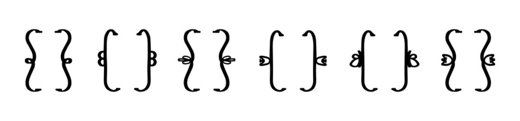 Set of 6 various black curly braces isolated on white background Modern and vintage fantasy brackets for typing and typography Vector illustration in flat style